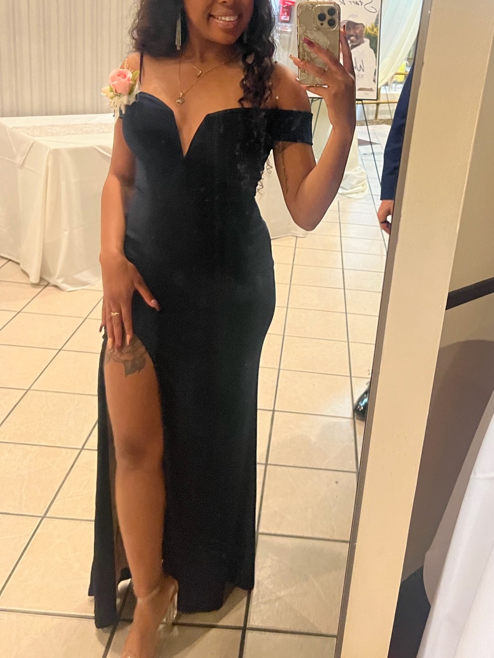 Macy's Black Off-Shoulder Prom Gown with Thigh Slit
